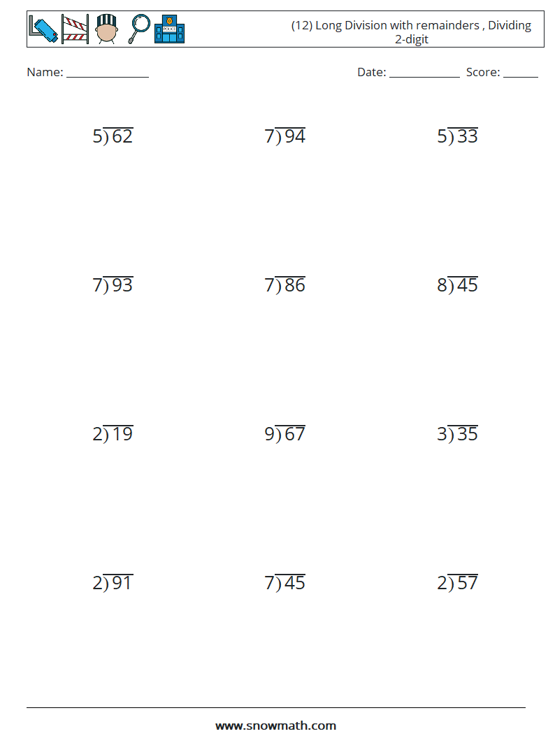 (12) Long Division with remainders , Dividing 2-digit Maths Worksheets 1