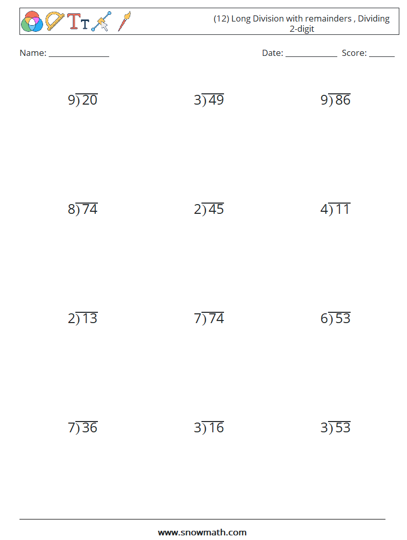 (12) Long Division with remainders , Dividing 2-digit Maths Worksheets 10
