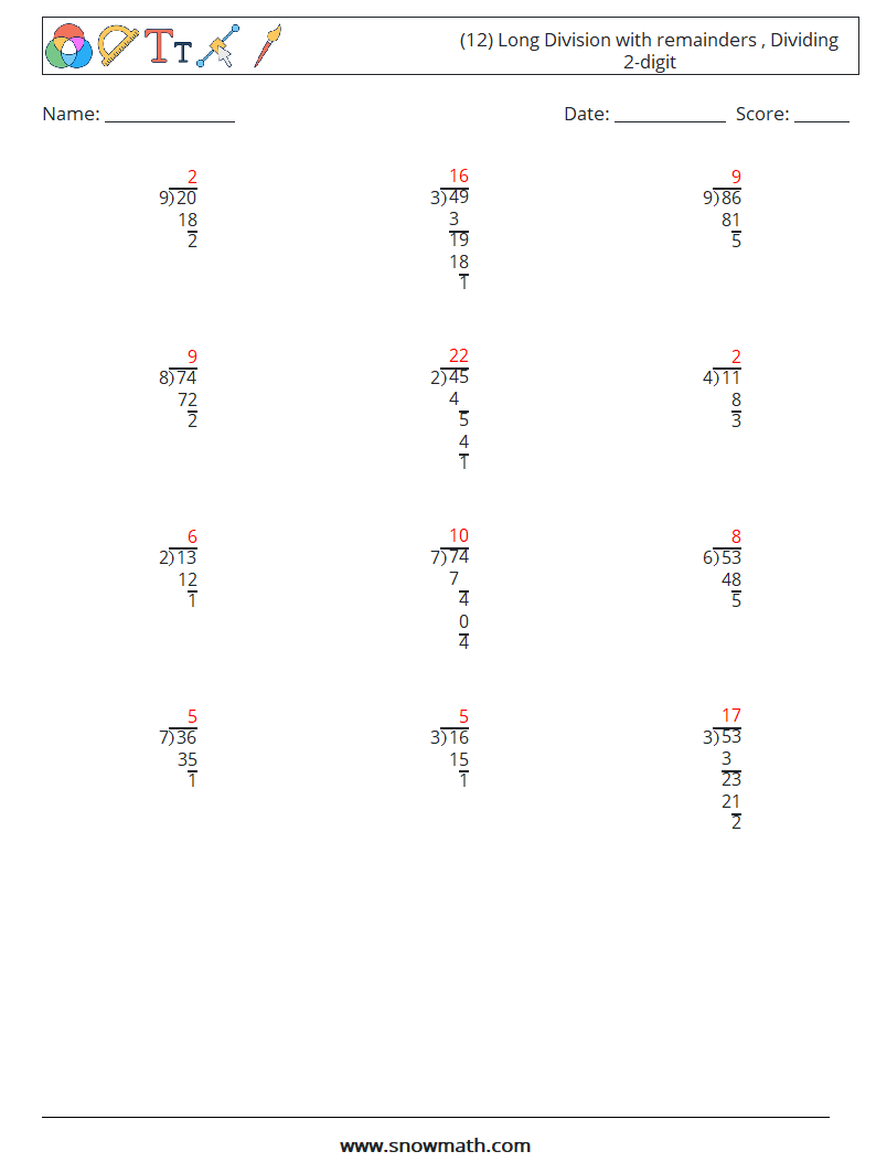 (12) Long Division with remainders , Dividing 2-digit Math Worksheets 10 Question, Answer