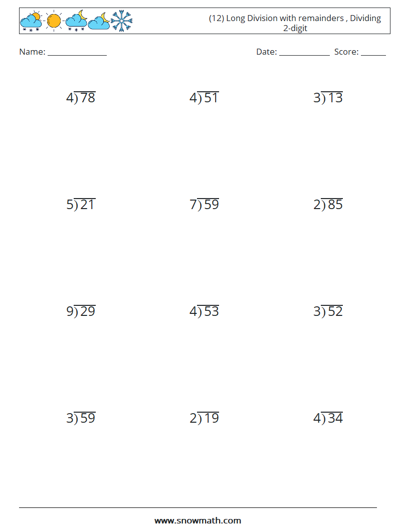 (12) Long Division with remainders , Dividing 2-digit Maths Worksheets 11