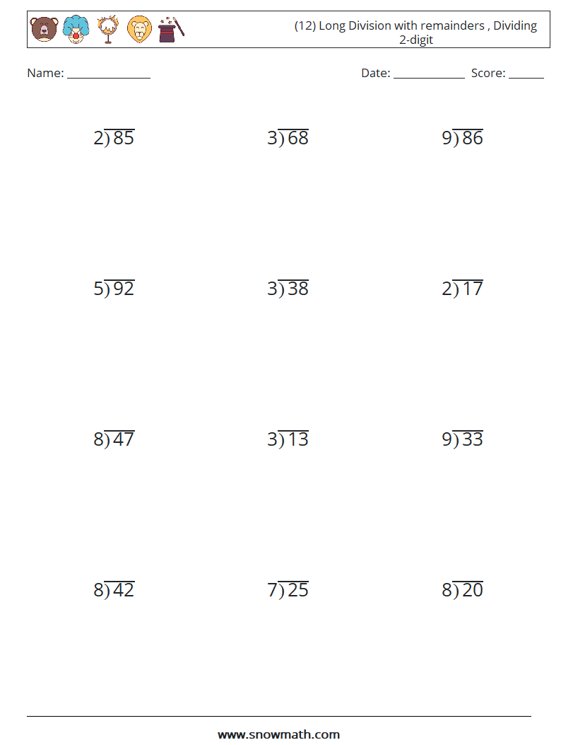 (12) Long Division with remainders , Dividing 2-digit Maths Worksheets 12