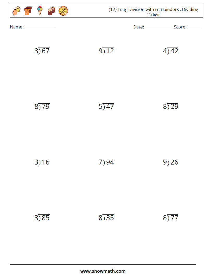 (12) Long Division with remainders , Dividing 2-digit Maths Worksheets 13