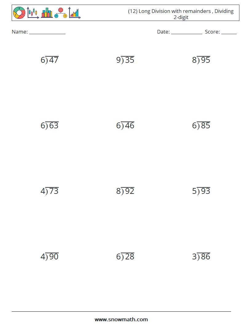 (12) Long Division with remainders , Dividing 2-digit Math Worksheets 15