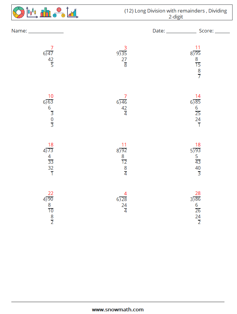 (12) Long Division with remainders , Dividing 2-digit Math Worksheets 15 Question, Answer