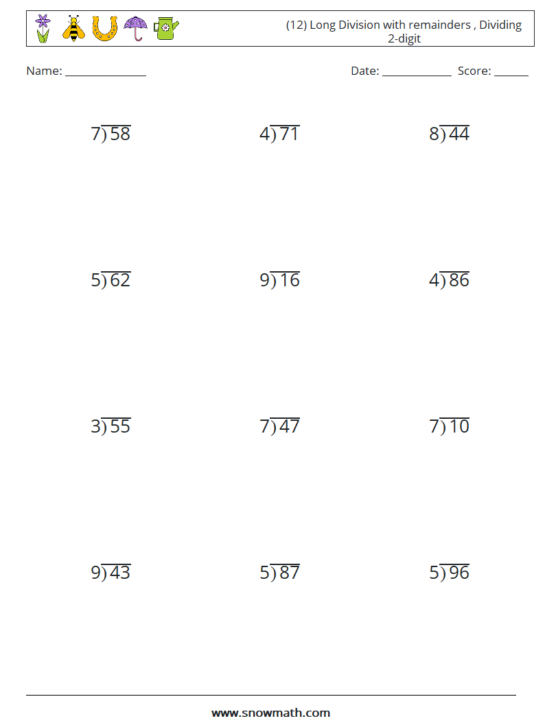 (12) Long Division with remainders , Dividing 2-digit Maths Worksheets 17