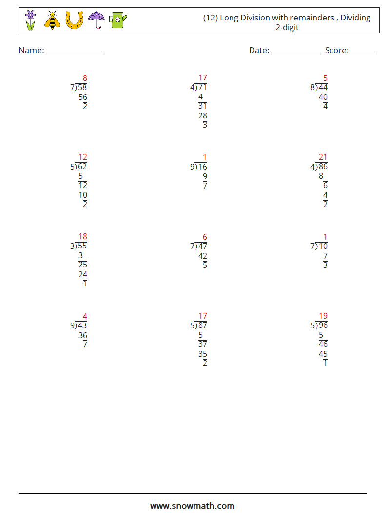 (12) Long Division with remainders , Dividing 2-digit Math Worksheets 17 Question, Answer