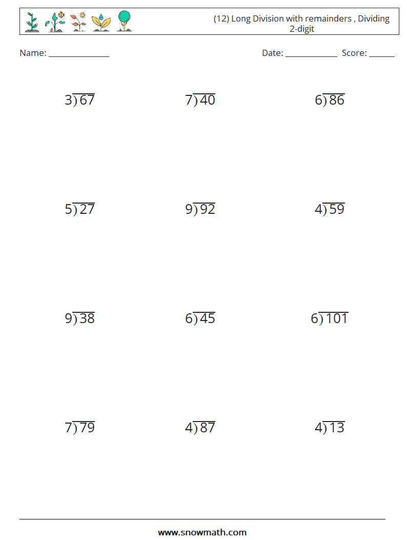 (12) Long Division with remainders , Dividing 2-digit Maths Worksheets 18