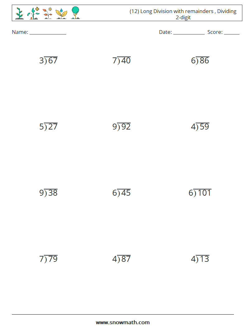 (12) Long Division with remainders , Dividing 2-digit Math Worksheets 18