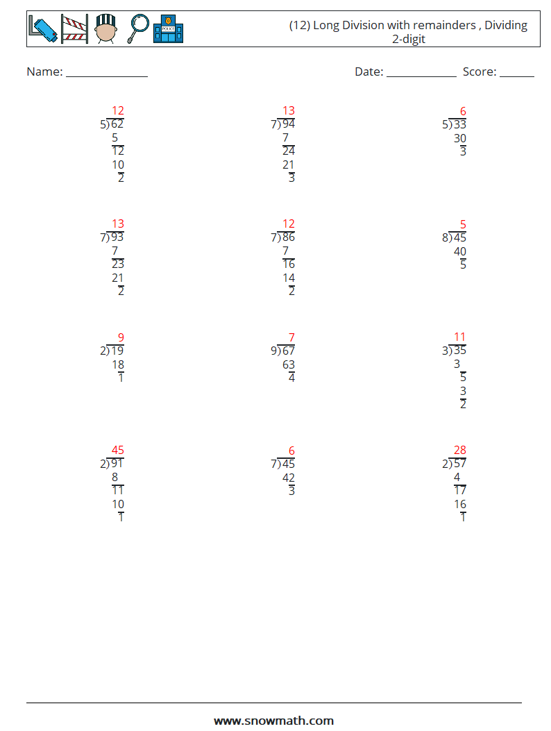 (12) Long Division with remainders , Dividing 2-digit Math Worksheets 1 Question, Answer