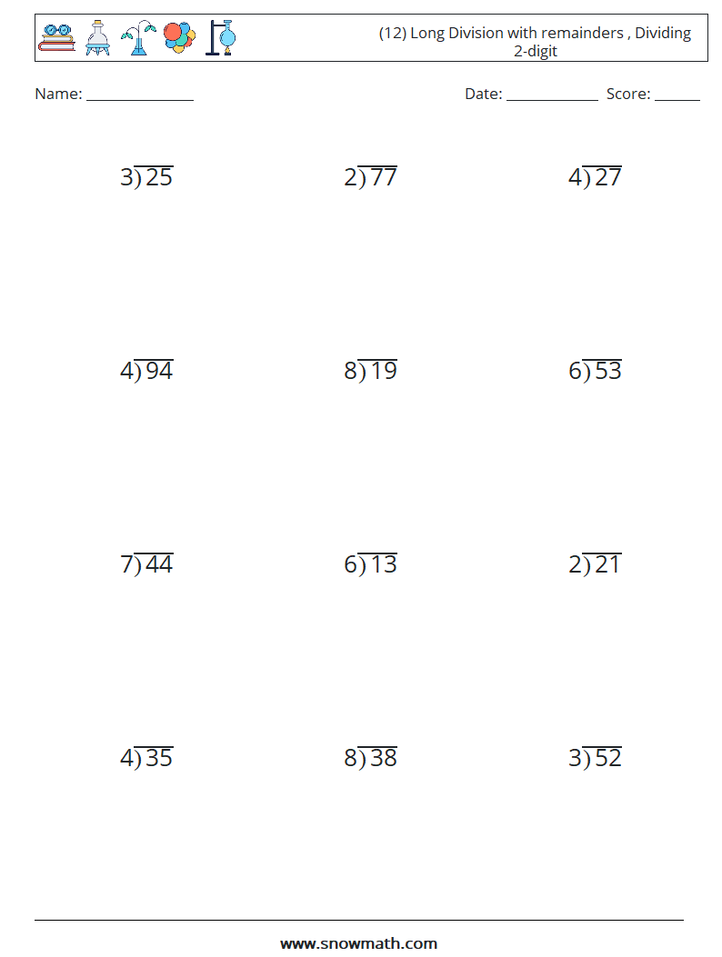 (12) Long Division with remainders , Dividing 2-digit Math Worksheets 2