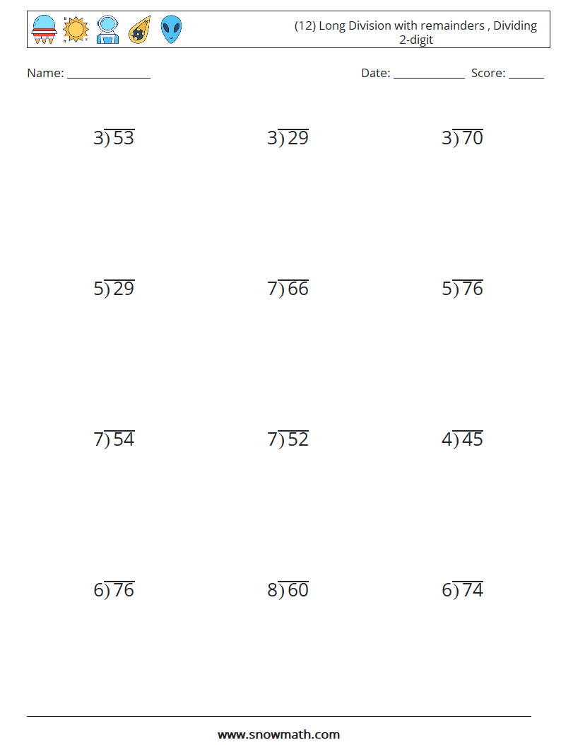 (12) Long Division with remainders , Dividing 2-digit Math Worksheets 3