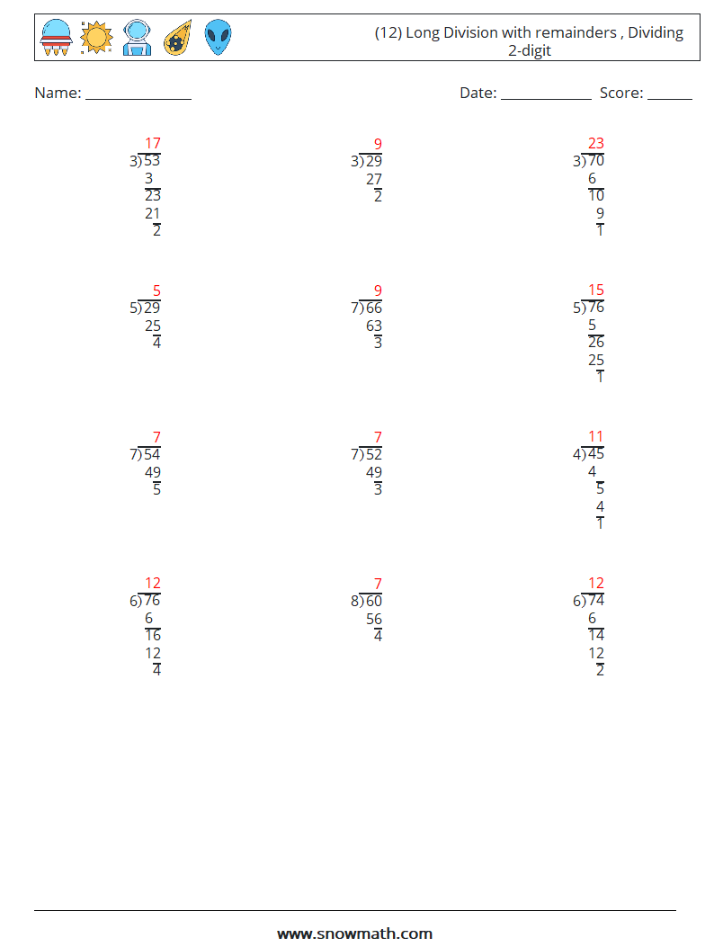 (12) Long Division with remainders , Dividing 2-digit Math Worksheets 3 Question, Answer