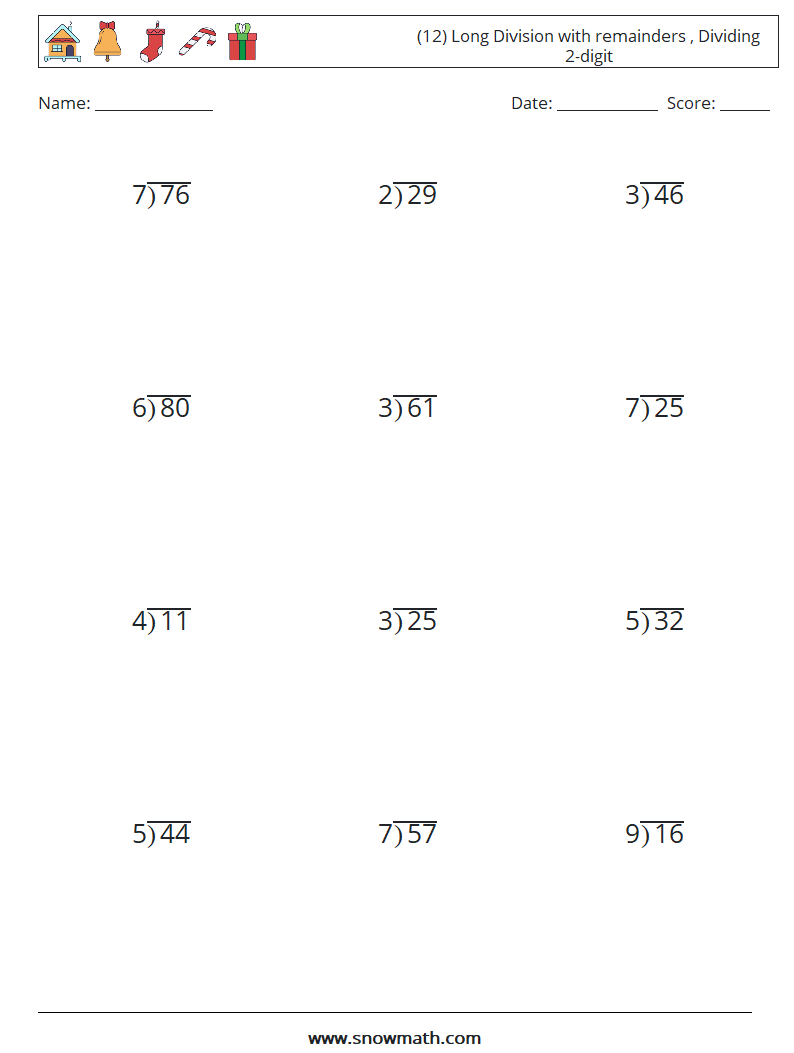 (12) Long Division with remainders , Dividing 2-digit Math Worksheets 4