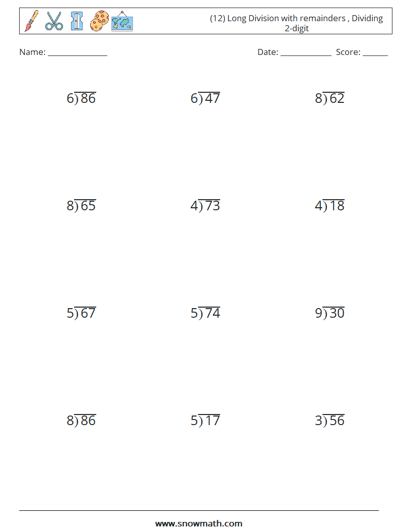 (12) Long Division with remainders , Dividing 2-digit Math Worksheets 5