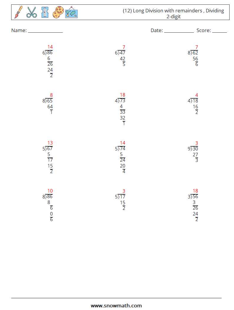 (12) Long Division with remainders , Dividing 2-digit Math Worksheets 5 Question, Answer