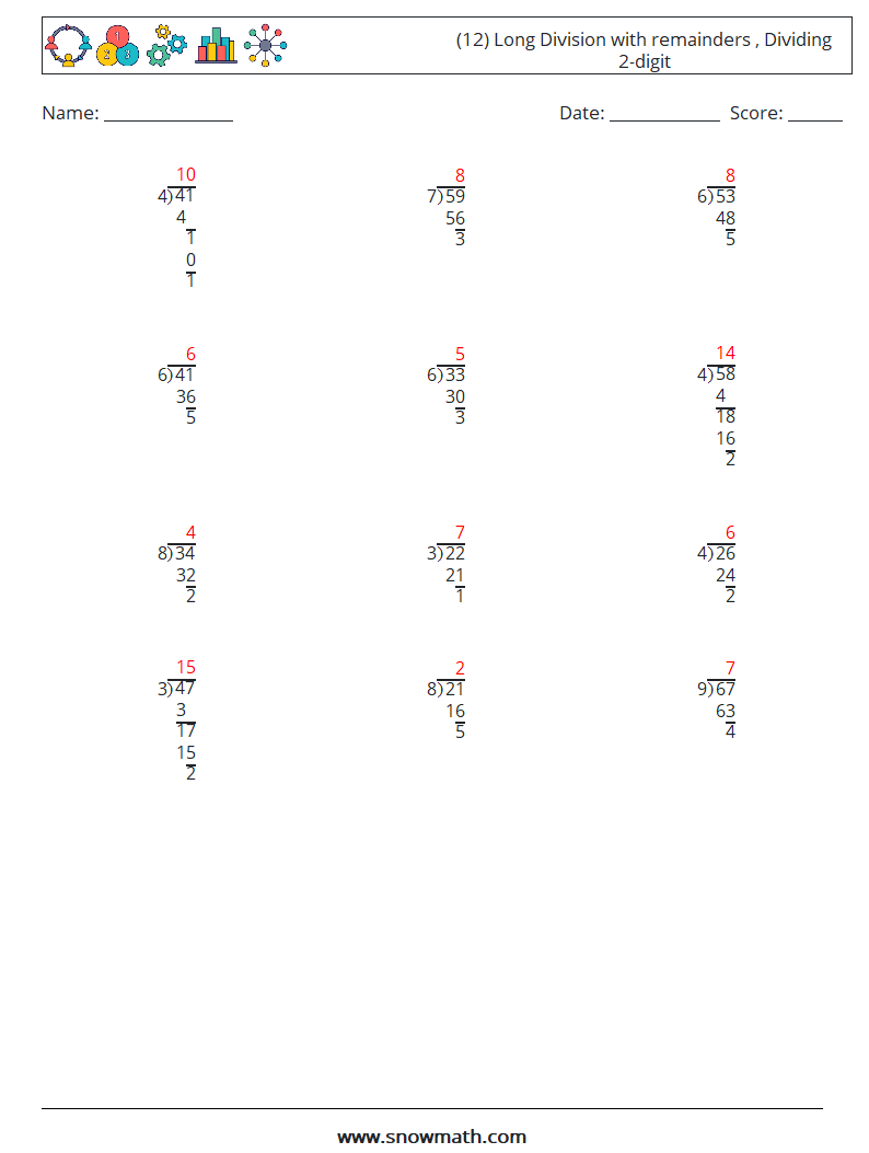 (12) Long Division with remainders , Dividing 2-digit Math Worksheets 6 Question, Answer