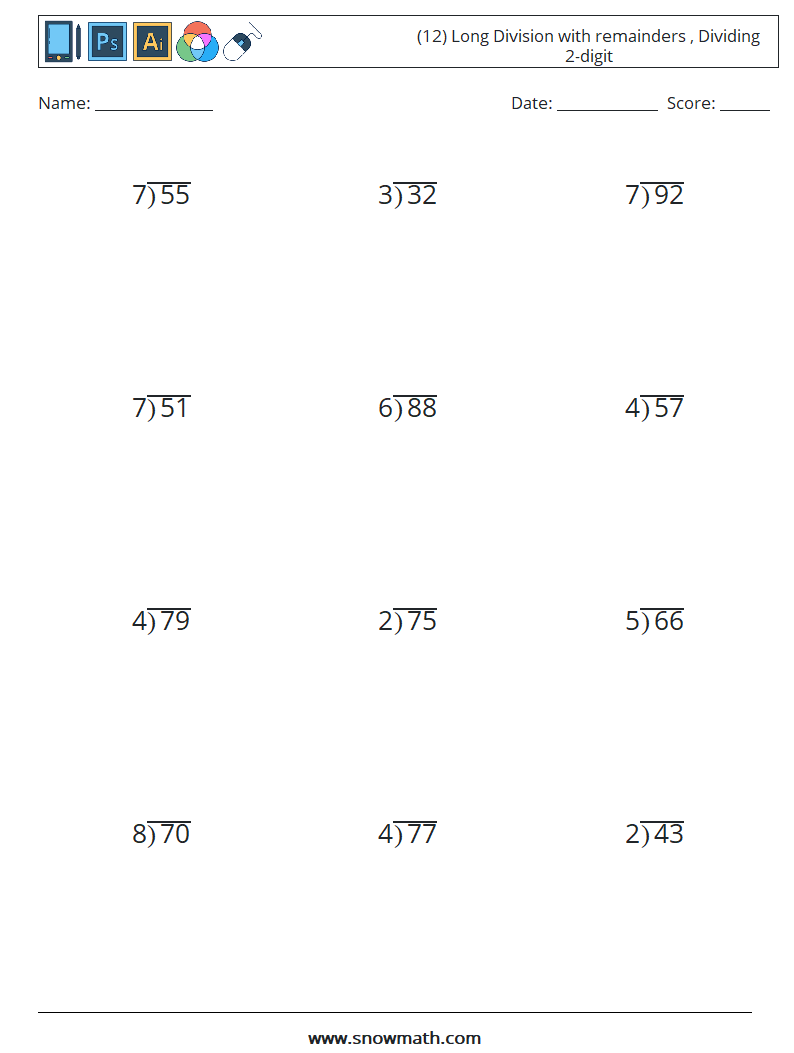 (12) Long Division with remainders , Dividing 2-digit Maths Worksheets 7