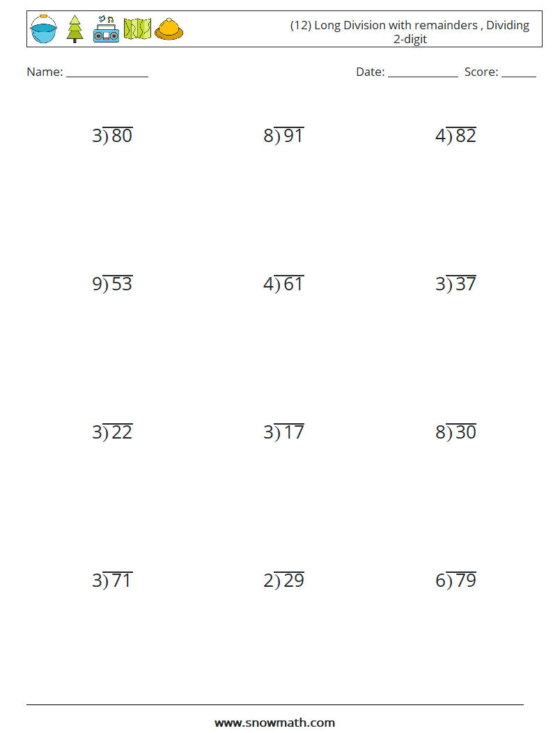 (12) Long Division with remainders , Dividing 2-digit Maths Worksheets 8