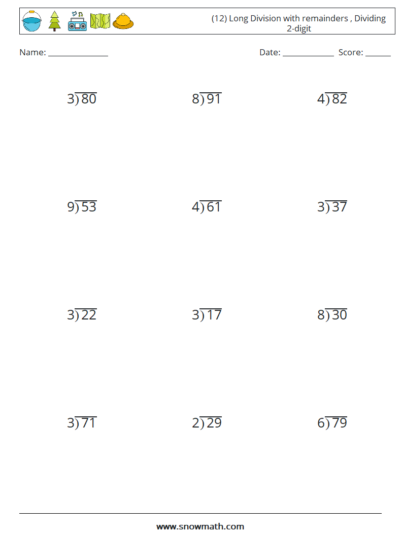 (12) Long Division with remainders , Dividing 2-digit Math Worksheets 8