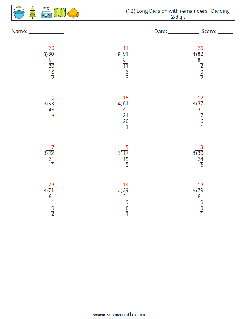 (12) Long Division with remainders , Dividing 2-digit Math Worksheets 8 Question, Answer