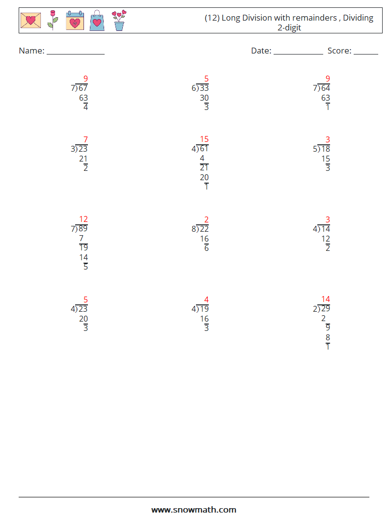 (12) Long Division with remainders , Dividing 2-digit Math Worksheets 9 Question, Answer