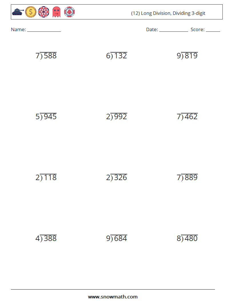 (12) Long Division, Dividing 3-digit Maths Worksheets 1