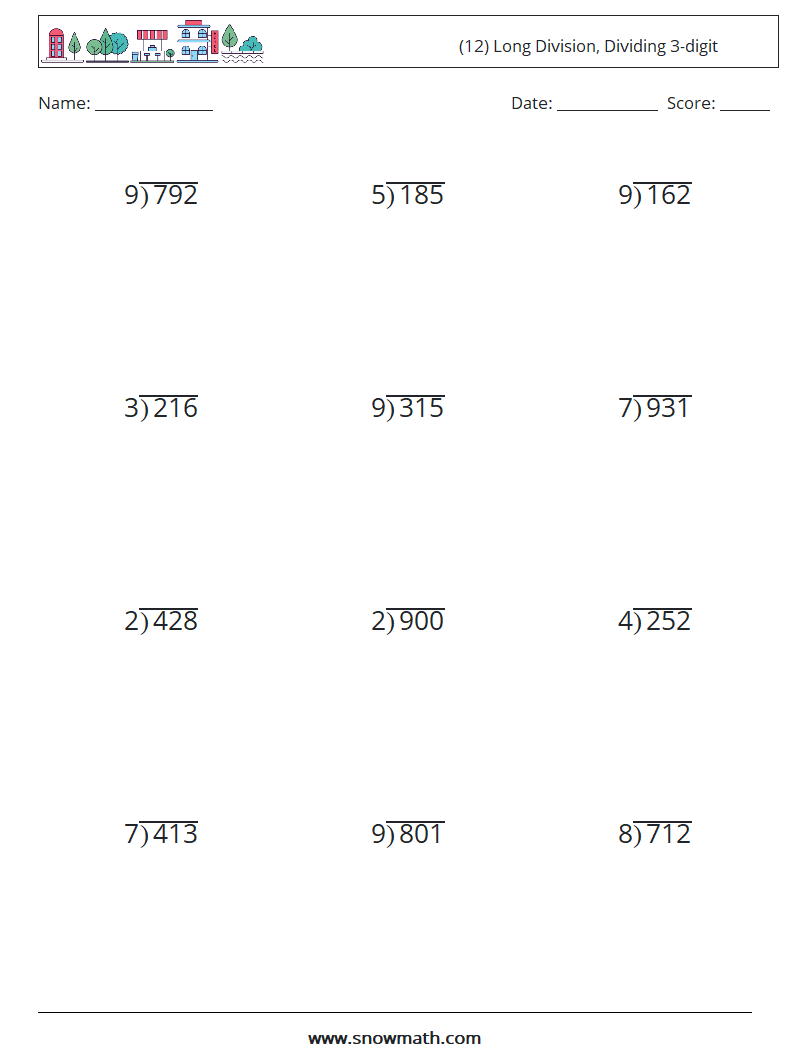 (12) Long Division, Dividing 3-digit Maths Worksheets 10