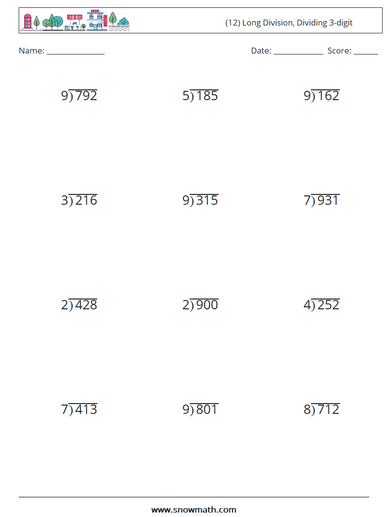 (12) Long Division, Dividing 3-digit Math Worksheets 10