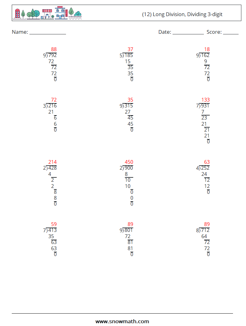 (12) Long Division, Dividing 3-digit Math Worksheets 10 Question, Answer