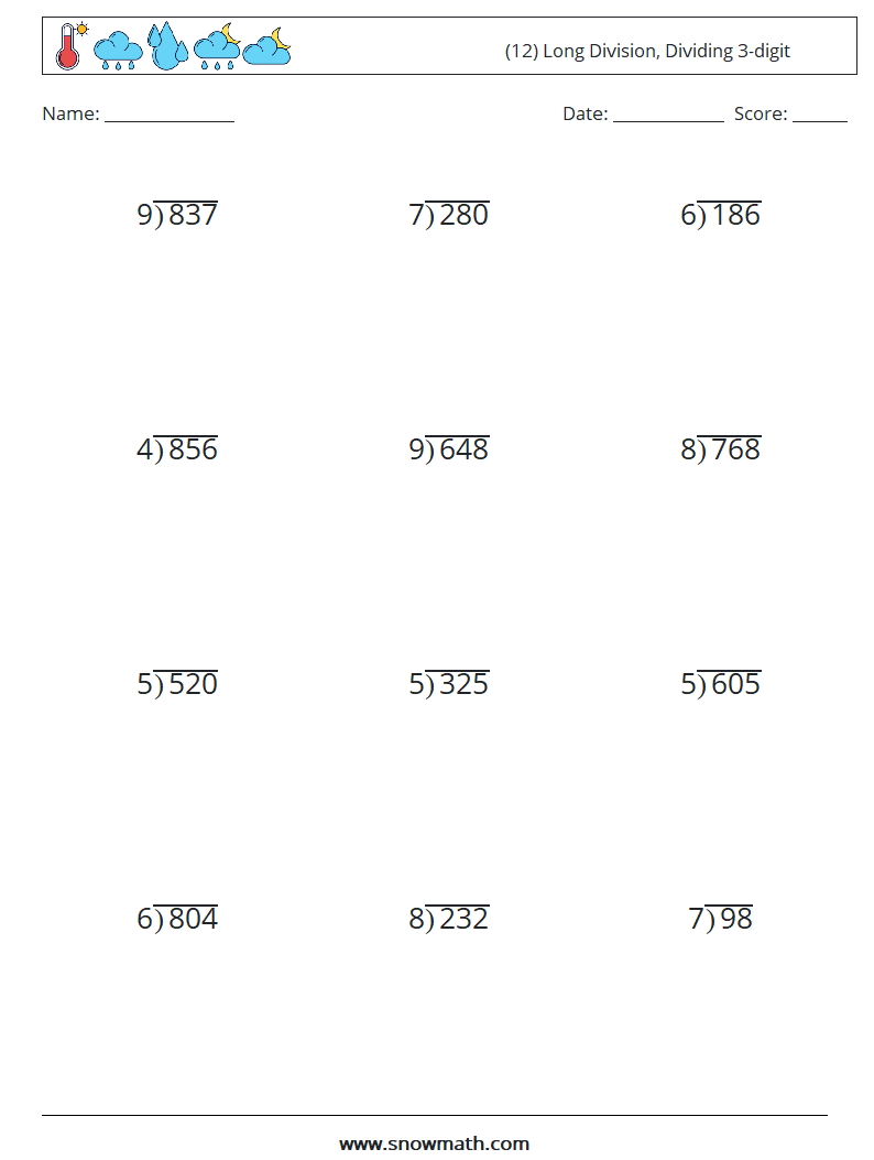 (12) Long Division, Dividing 3-digit Math Worksheets 13