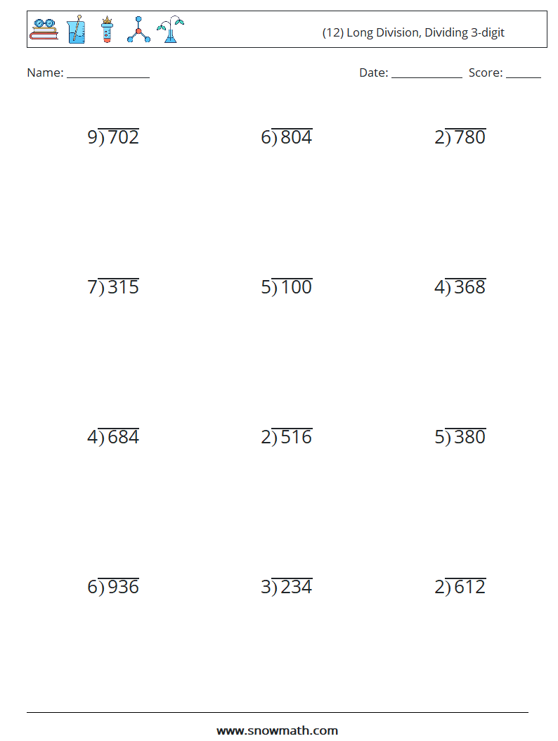 (12) Long Division, Dividing 3-digit Math Worksheets 14