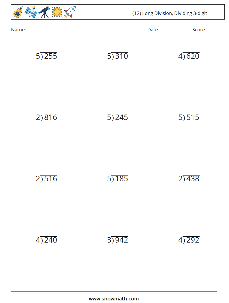 (12) Long Division, Dividing 3-digit Math Worksheets 15