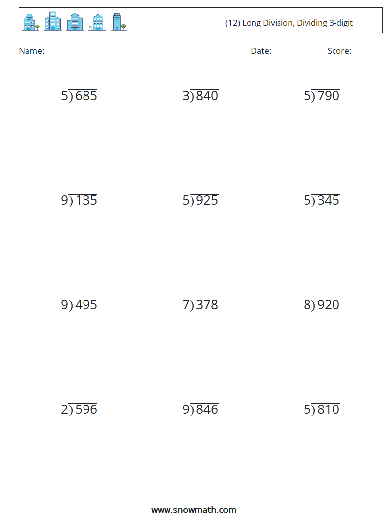 (12) Long Division, Dividing 3-digit Math Worksheets 18