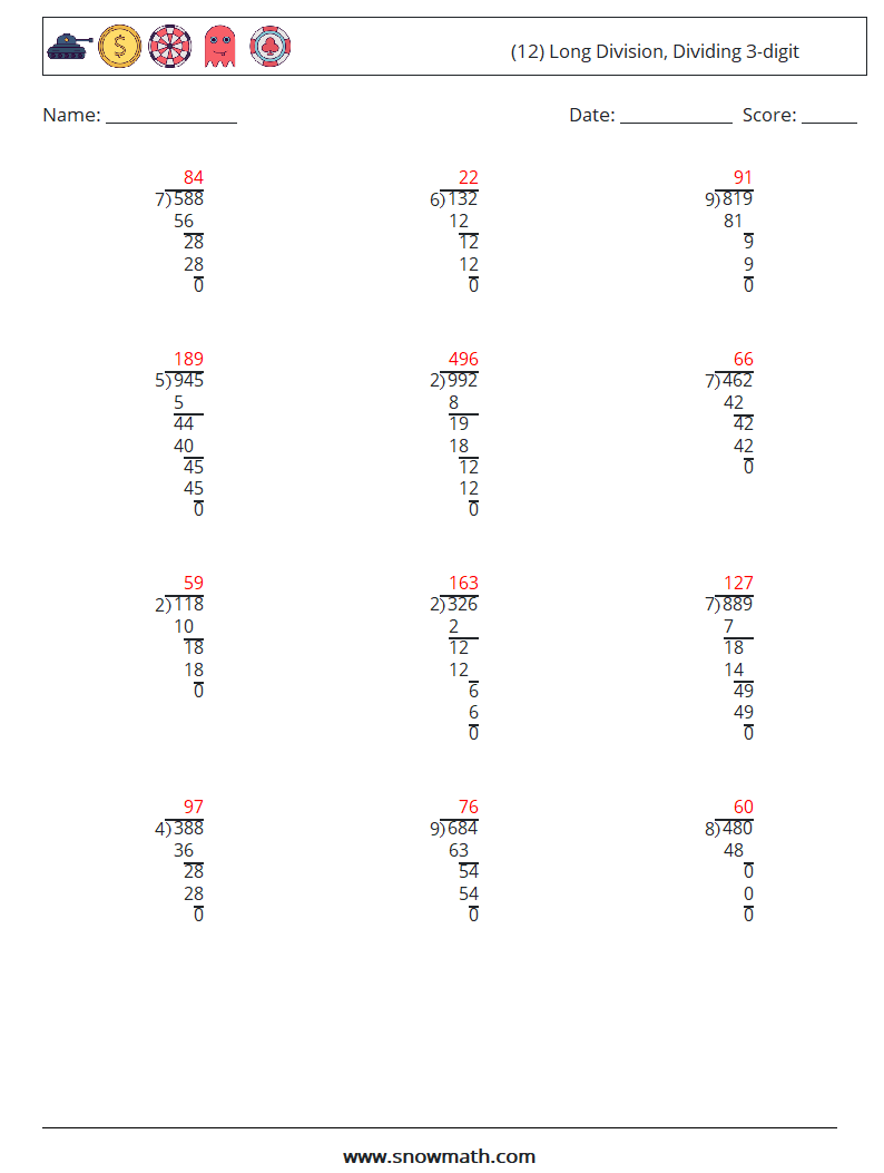 (12) Long Division, Dividing 3-digit Math Worksheets 1 Question, Answer