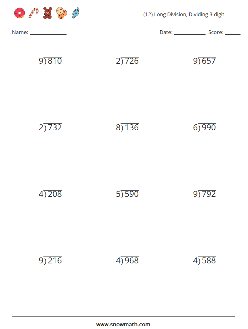 (12) Long Division, Dividing 3-digit Math Worksheets 2