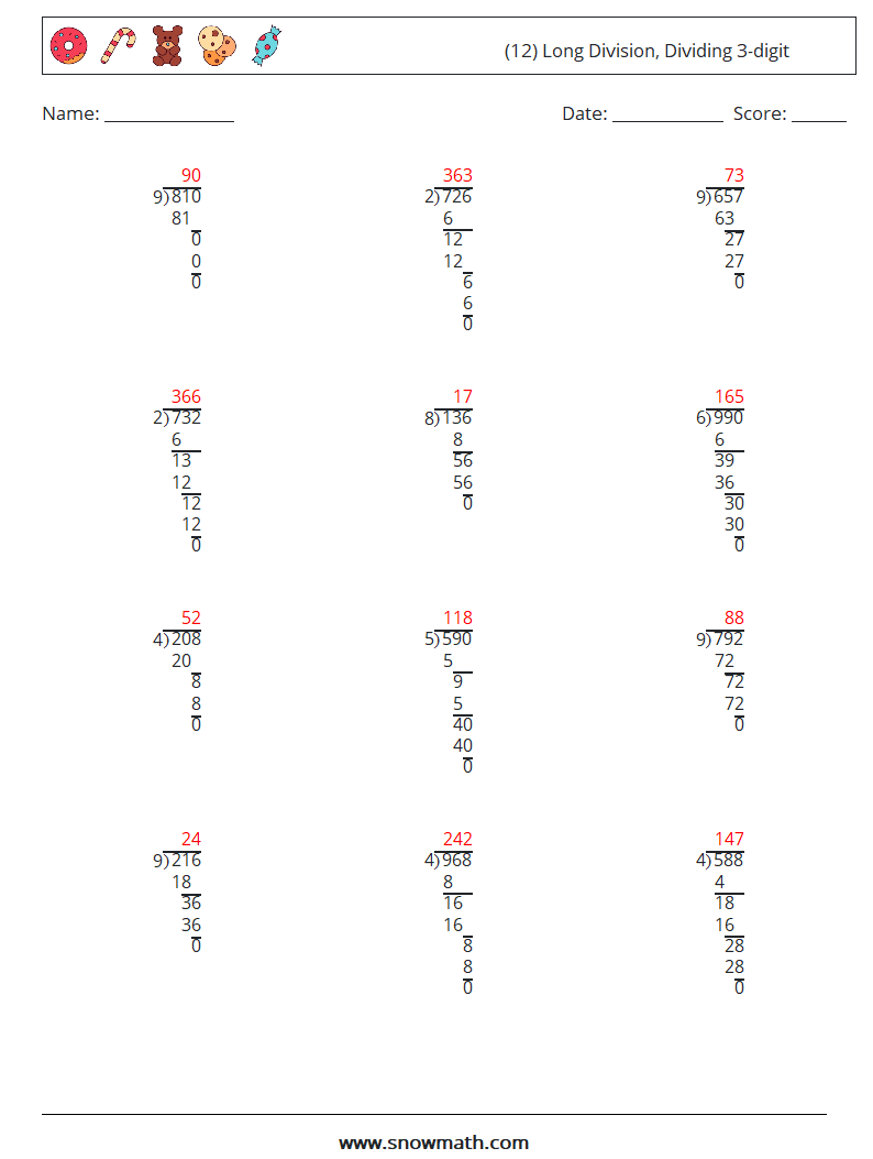 (12) Long Division, Dividing 3-digit Math Worksheets 2 Question, Answer