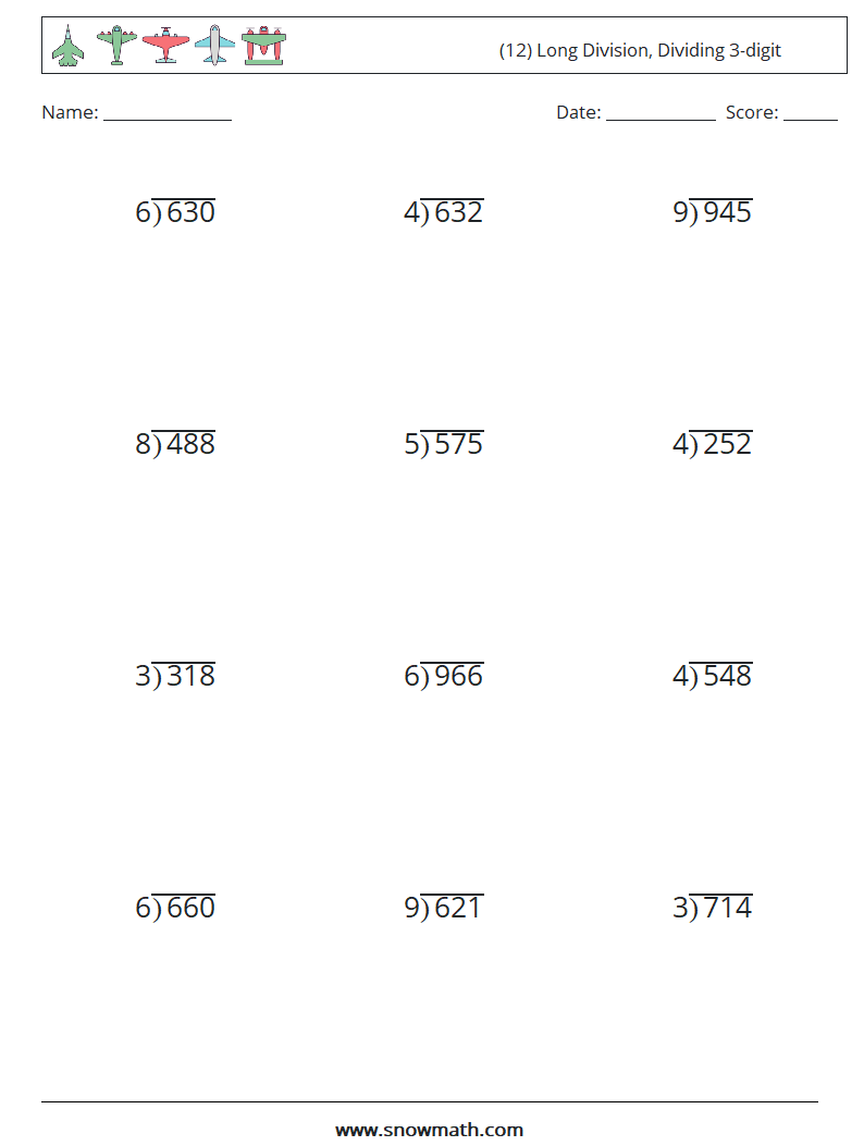 (12) Long Division, Dividing 3-digit Maths Worksheets 3