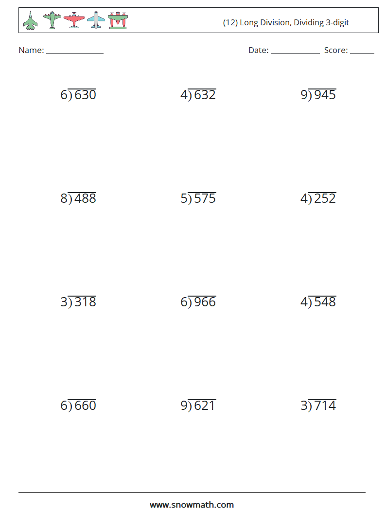 (12) Long Division, Dividing 3-digit Math Worksheets 3