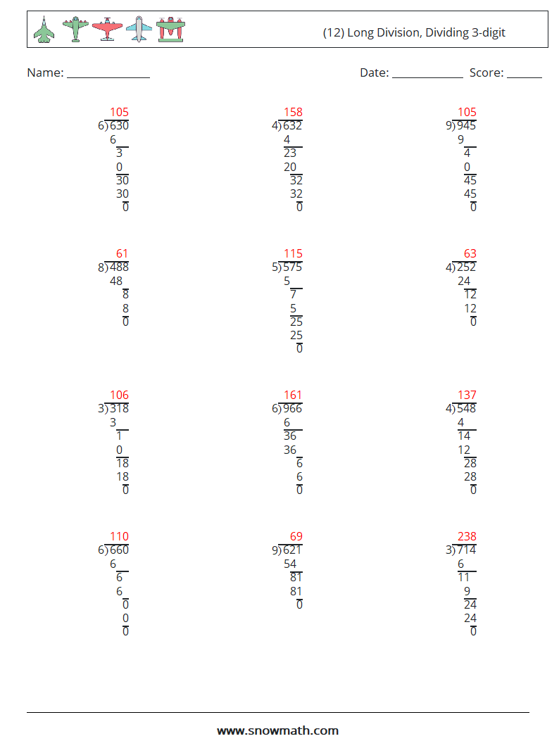 (12) Long Division, Dividing 3-digit Math Worksheets 3 Question, Answer