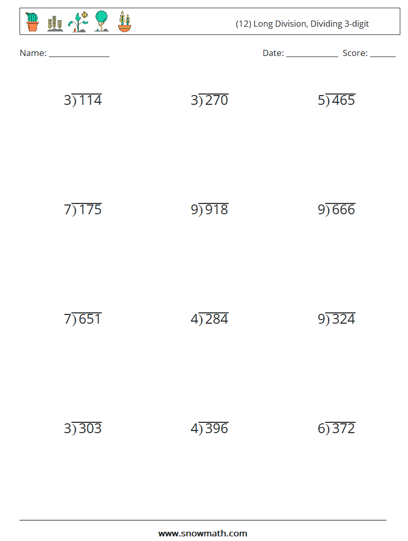 (12) Long Division, Dividing 3-digit Maths Worksheets 4