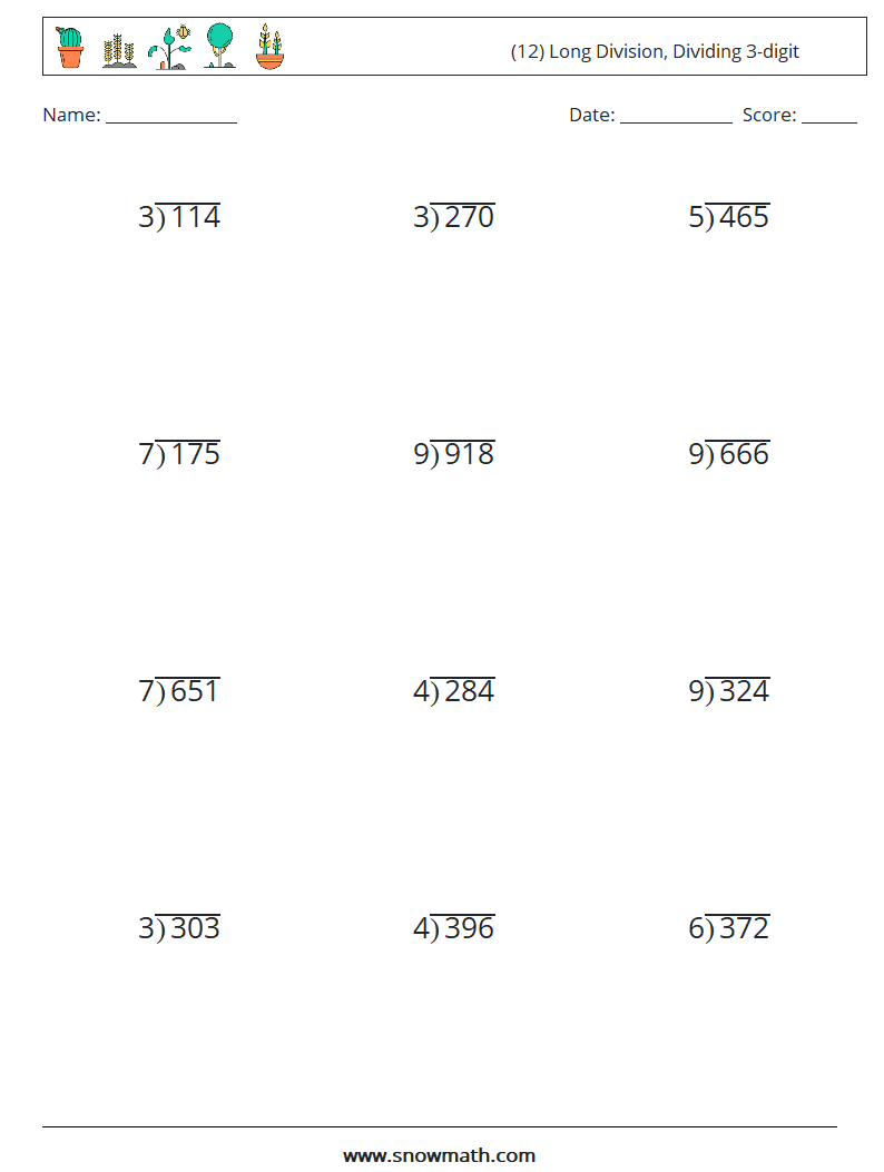 (12) Long Division, Dividing 3-digit Math Worksheets 4