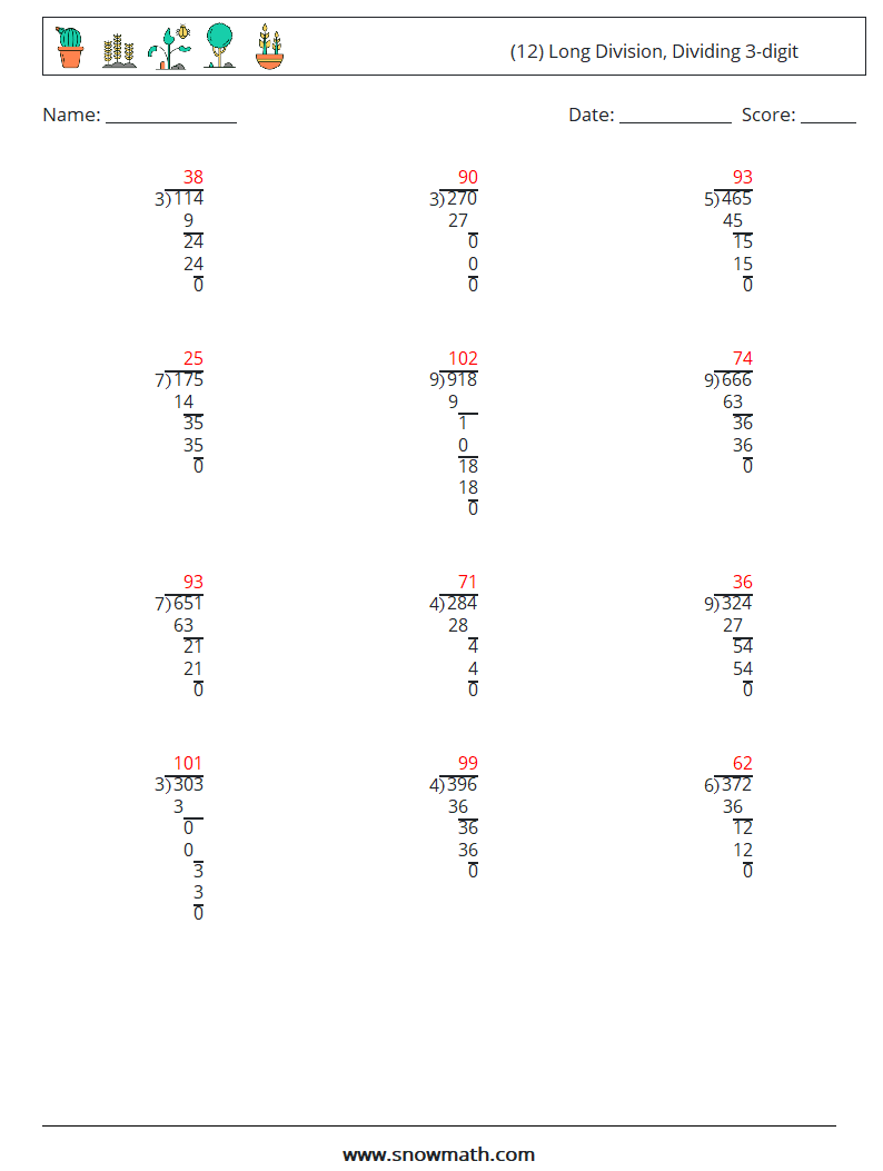 (12) Long Division, Dividing 3-digit Math Worksheets 4 Question, Answer