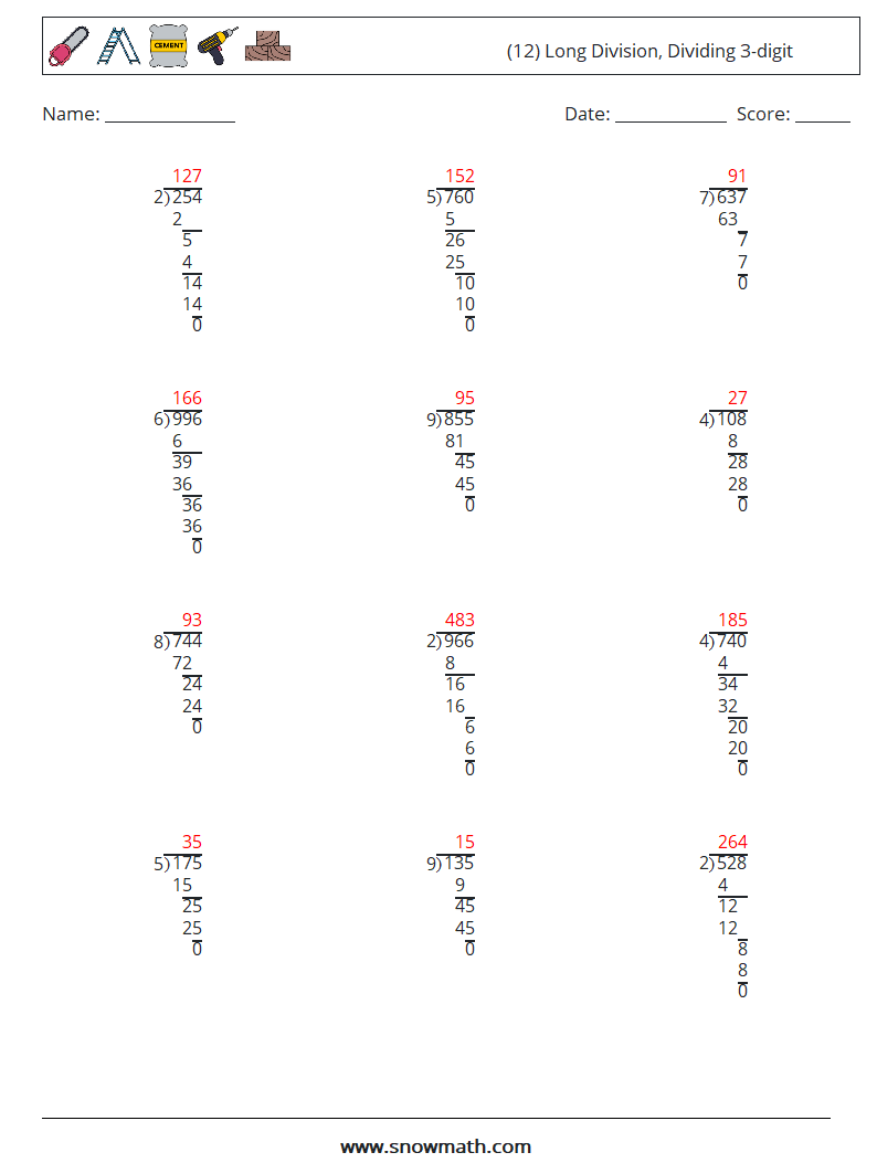 (12) Long Division, Dividing 3-digit Math Worksheets 5 Question, Answer