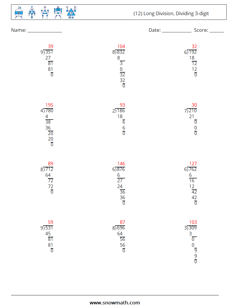 (12) Long Division, Dividing 3-digit Math Worksheets 6 Question, Answer