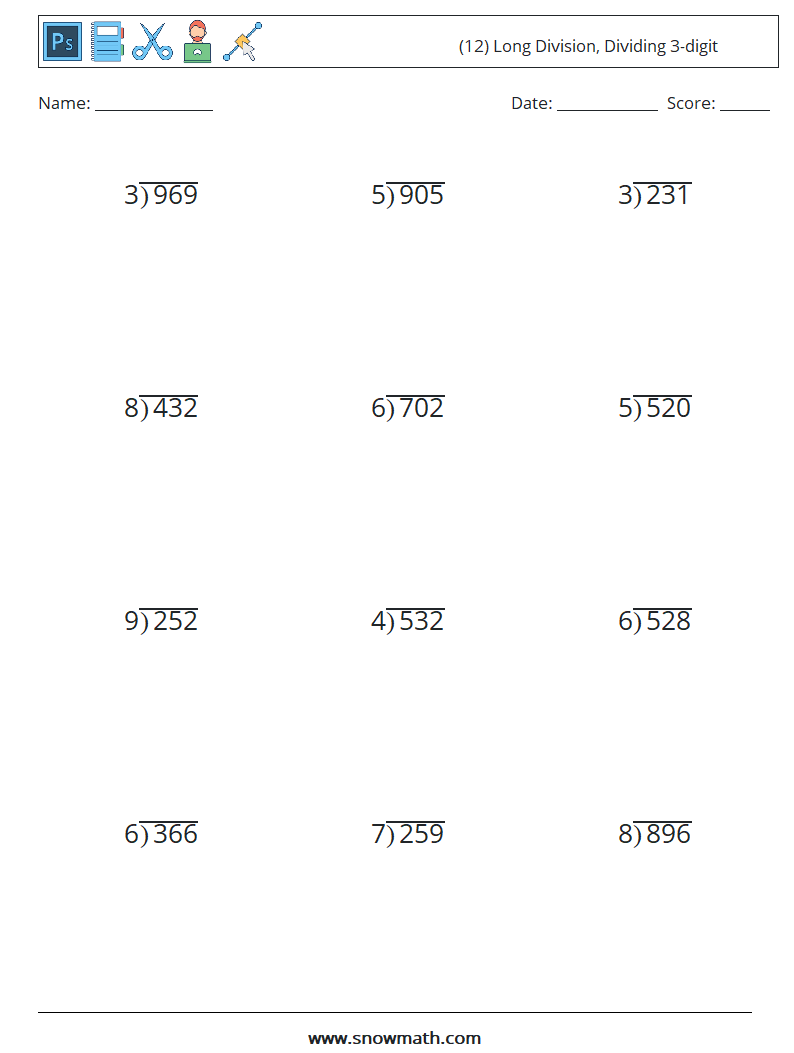 (12) Long Division, Dividing 3-digit Math Worksheets 7