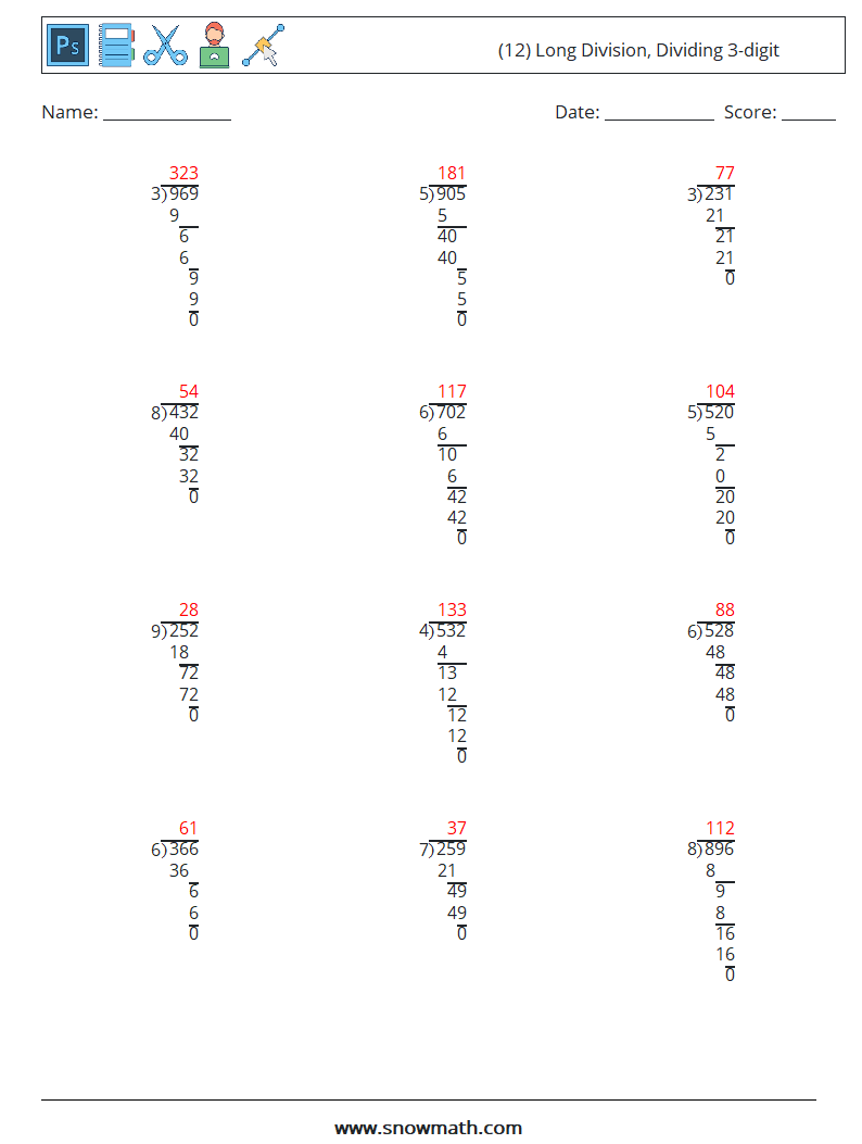 (12) Long Division, Dividing 3-digit Math Worksheets 7 Question, Answer