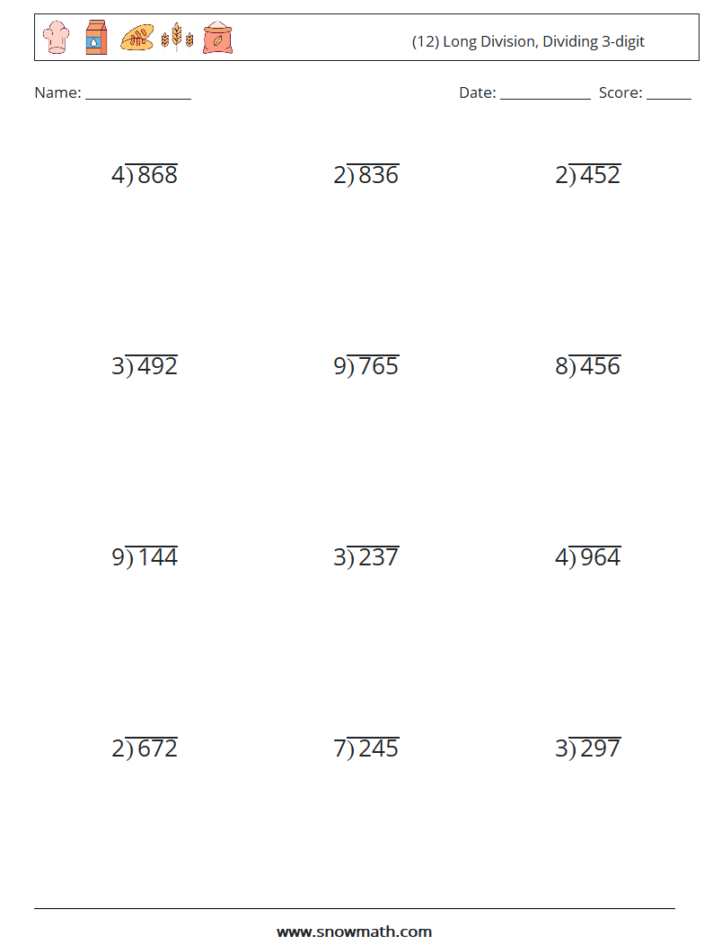 (12) Long Division, Dividing 3-digit Math Worksheets 8