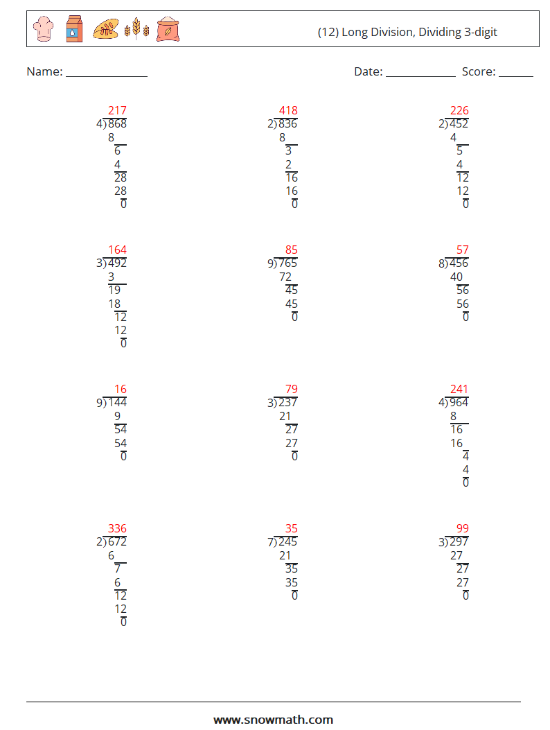 (12) Long Division, Dividing 3-digit Math Worksheets 8 Question, Answer