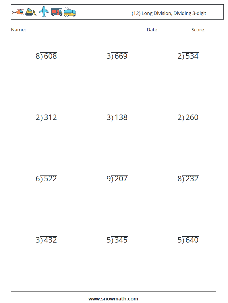 (12) Long Division, Dividing 3-digit Math Worksheets 9