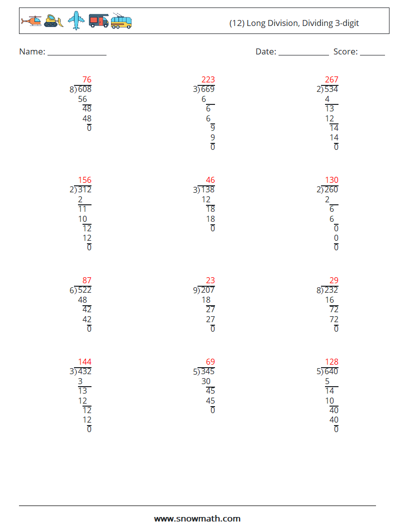 (12) Long Division, Dividing 3-digit Math Worksheets 9 Question, Answer